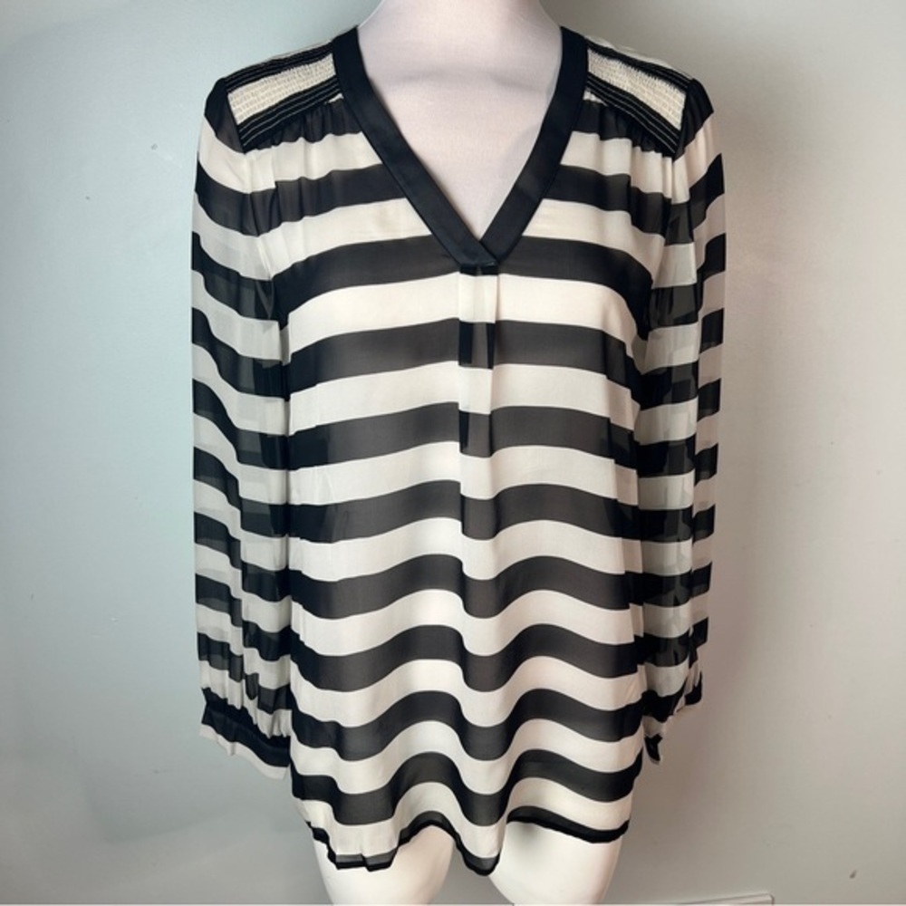 Brooks Brothers Black White Striped Silk Blouse Size 10 Sheer V Neck